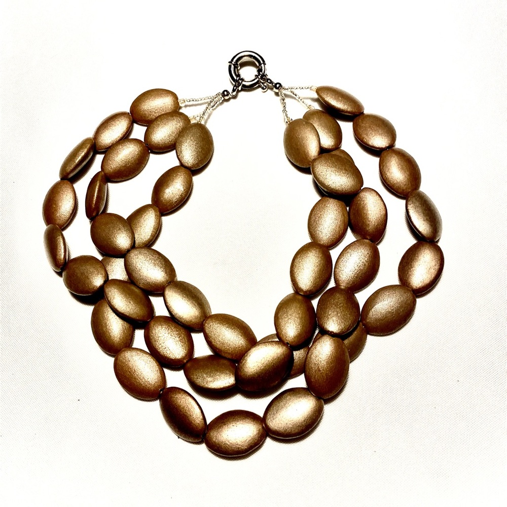 Necklace three strand  wooden oval and sparkling bids